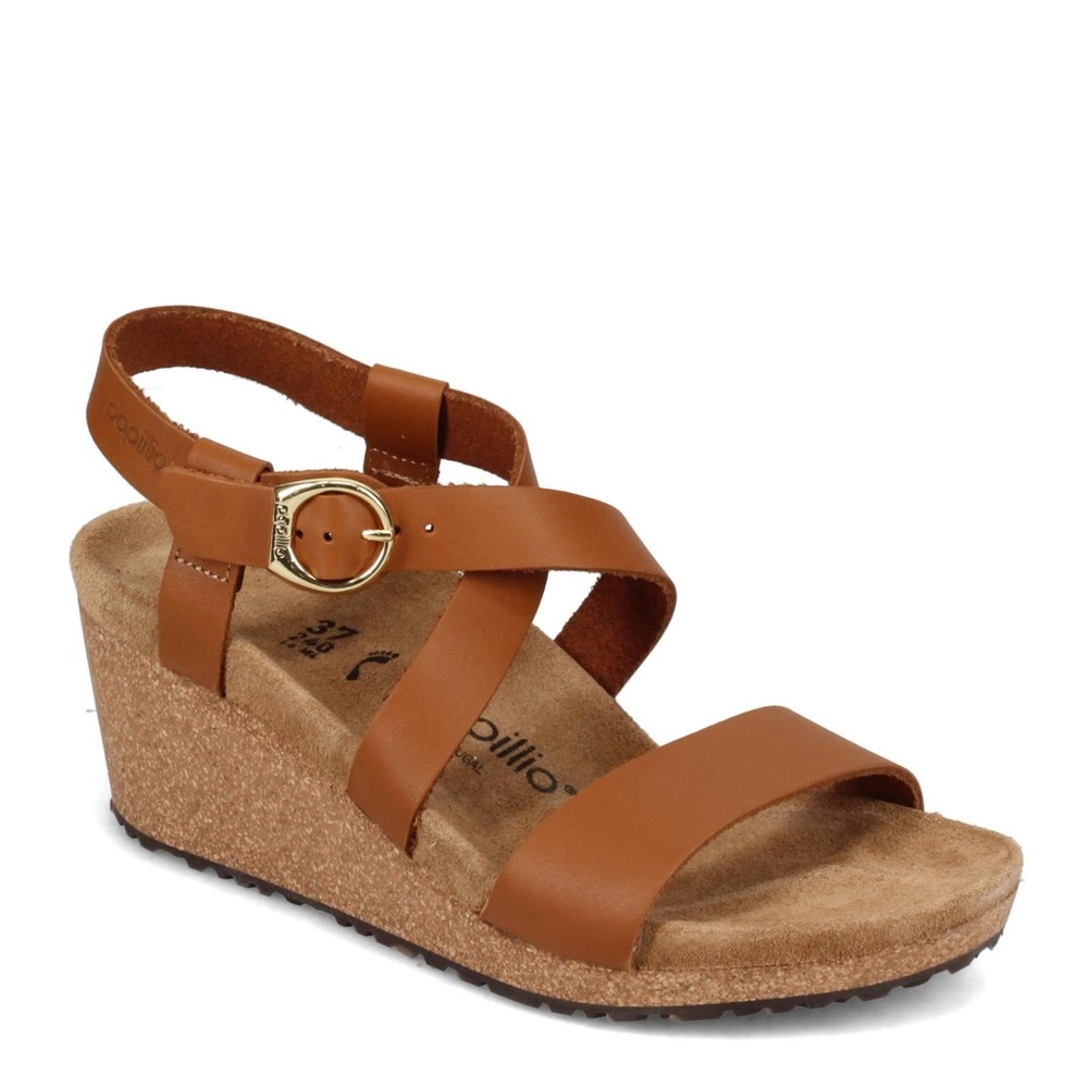 Papillio Tan Leather Crisscross Wedge Sandals
